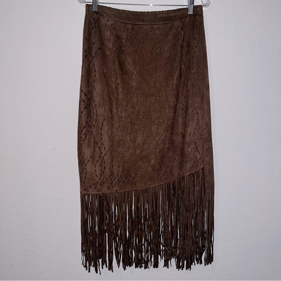 Reba Brown Faux Suede Midi Fringe Skirt - Picture 1 of 5